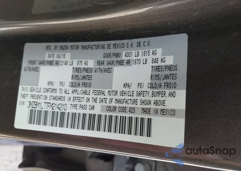 2015 Mazda Mazda3 I Touring из США, поврежденный, VIN 3MZBM1L77FM214210